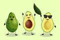 Three endearing characters with avocado. Healthy and delicious fruit. Cartoon style.